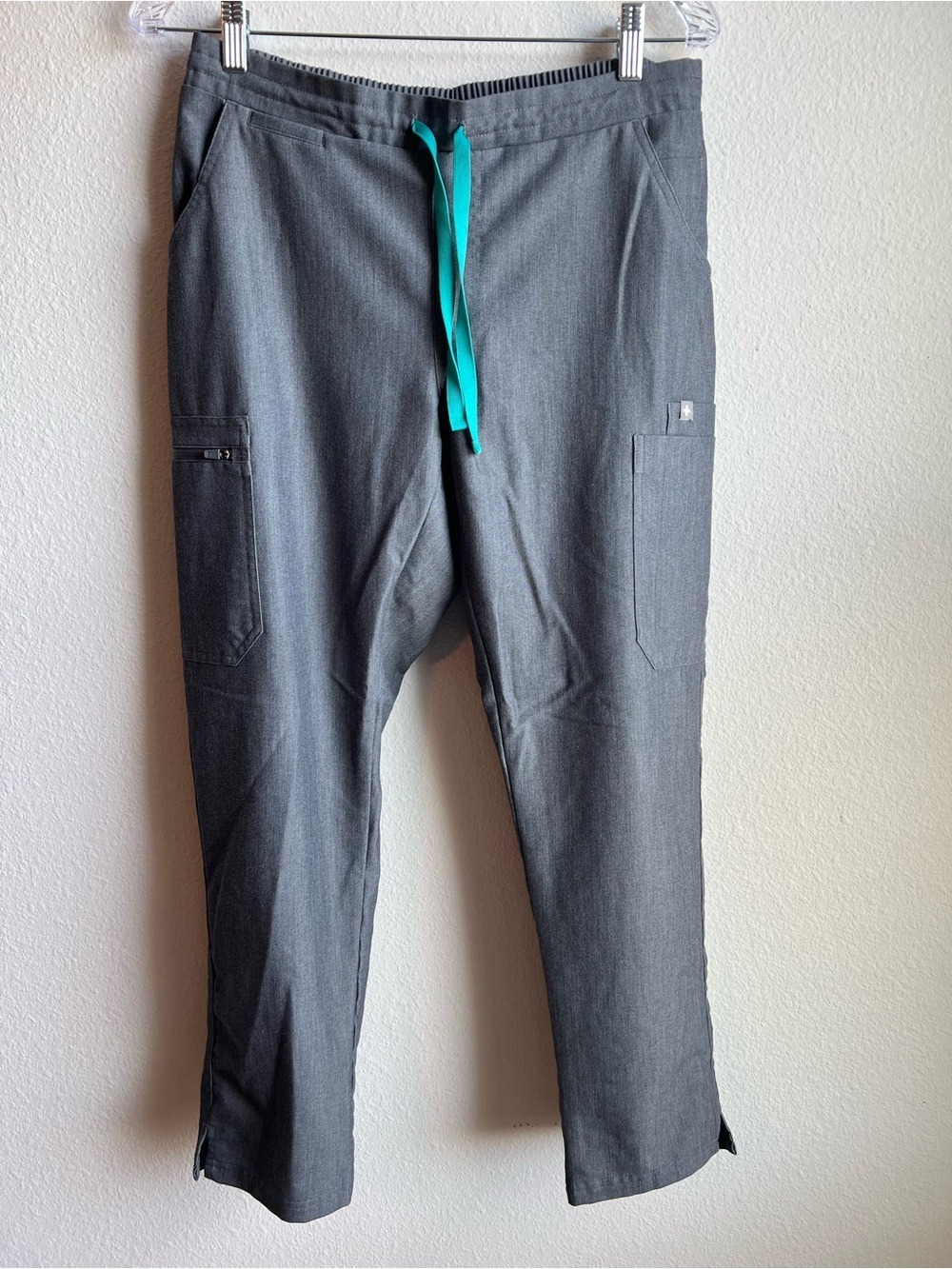 FIGS Technical Collection Womens Small S Gray Scrub Pants Teal Drawstring Pocket